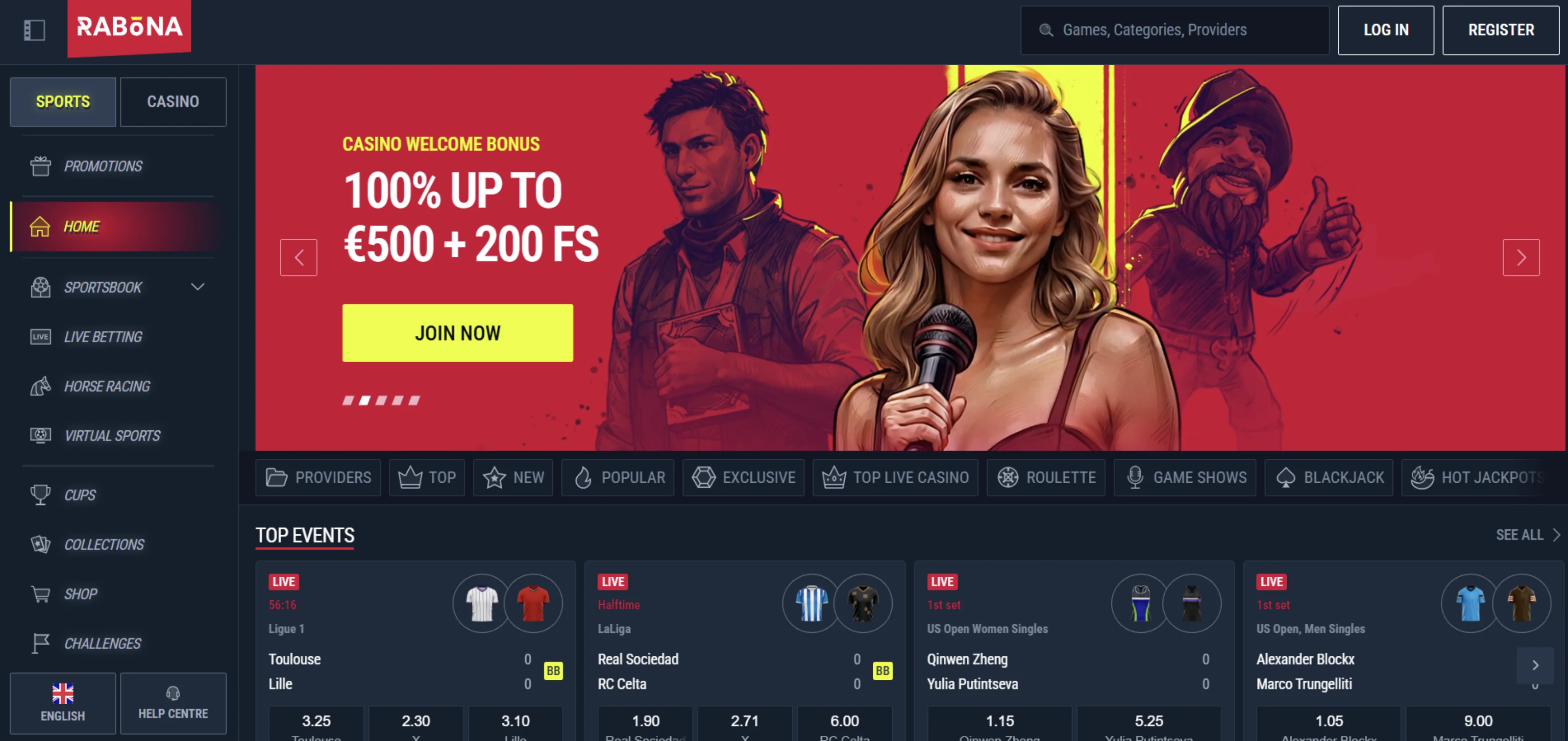 Rabona - betting kombinert med et stort casino