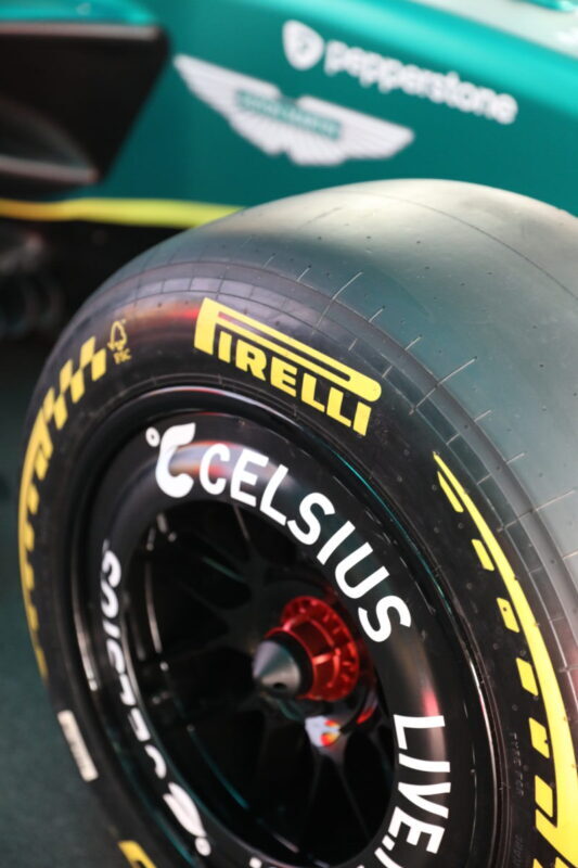 Aston Martin F1 car tyre with Pirelli and Celsius branding